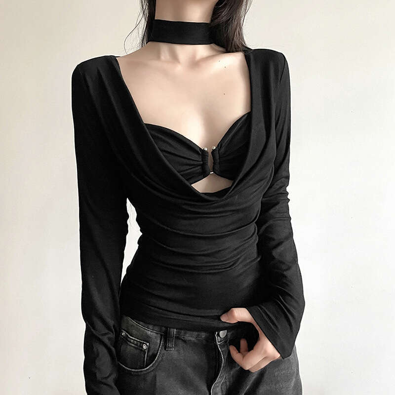 2023 Autumn New Women's Solid Color Sexy Long Sleeve Low-Cut Waist-Tie T-Shirt 751