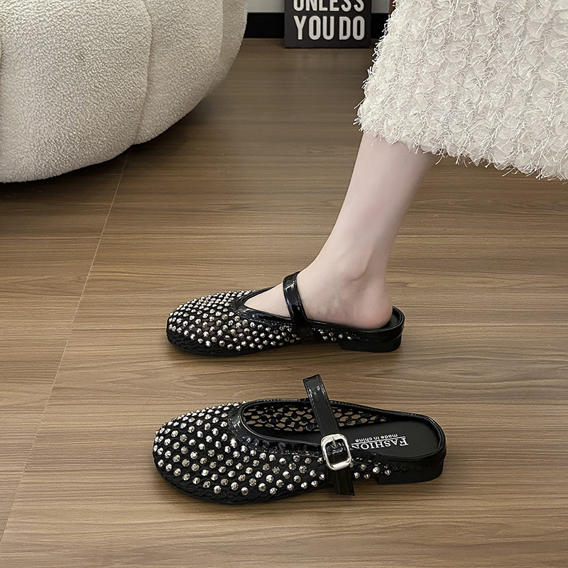 Ddmysports Shiny Diamond Niche Hollow Out Half For Women Summer Slip On Fairy Style Breathable Flat Closed Toe Slippers Outdoor Shoes
