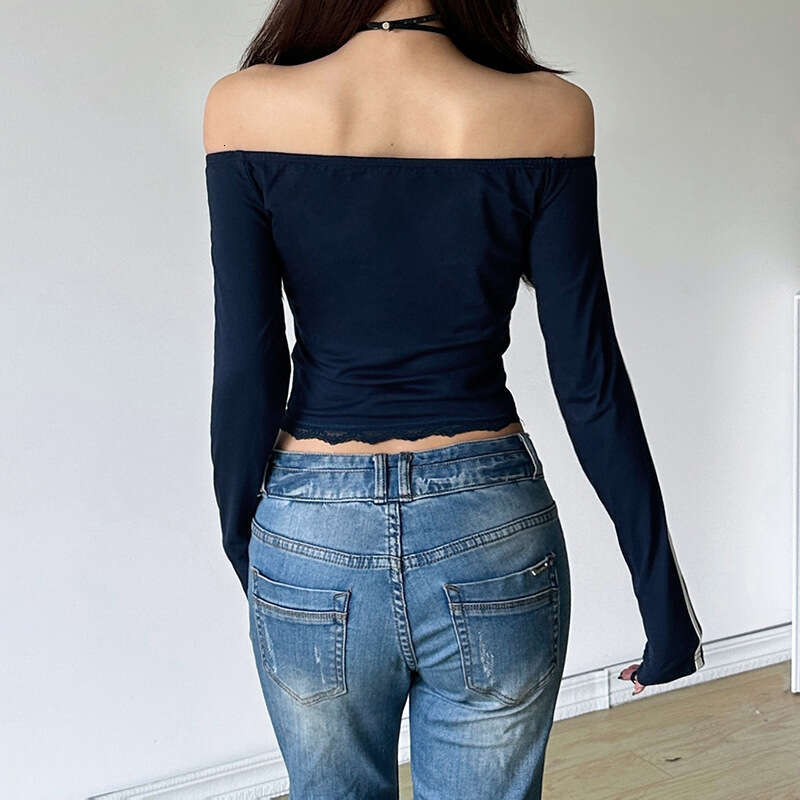 2024 Autumn New Women's Solid Color Slim Street Fashion Off-Shoulder Printed Long Sleeve Top 032