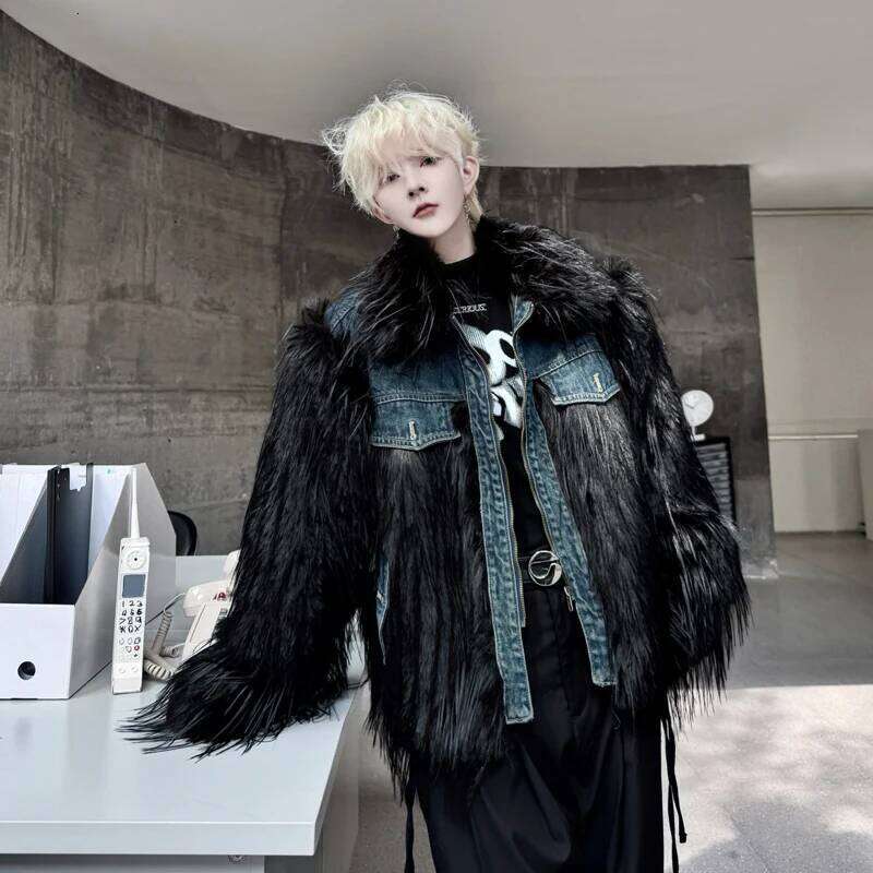 2025 Winter New Male Warm Imitation Fur Cotton-Padded Men's High-End Trendy Handsome Lapel Denim Splicing Cotton Jackets