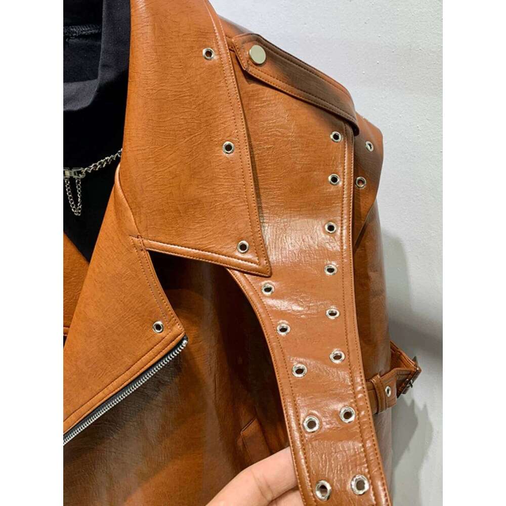 Fashion 2025 Autumn Metal Leather Jackets Men's Irregular Splicing Design Trendy Short High Street Jacket Long Sleeve Tops