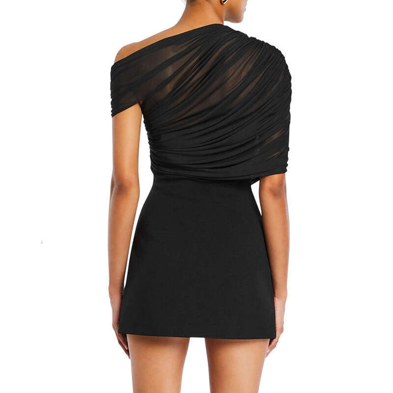 Y25ds028 Women's Spring And Summer New Solid Color Sleeveless One-Shoulder Mesh Spliced Sexy Dress B5