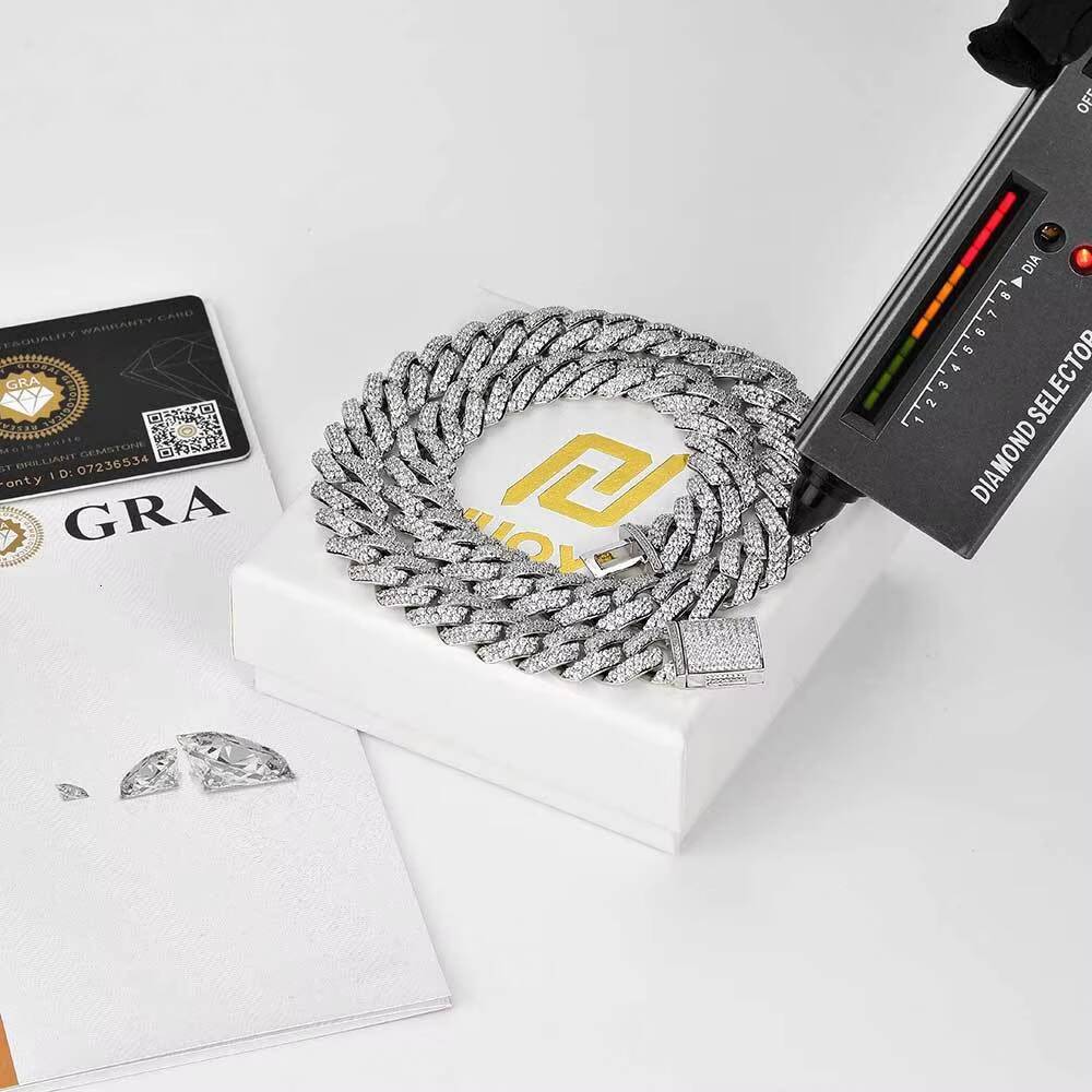 HipHop 925 Silver Men Double Row 15mm Rhombus Cuban Necklace Trendy Brand Moissanite Diamond