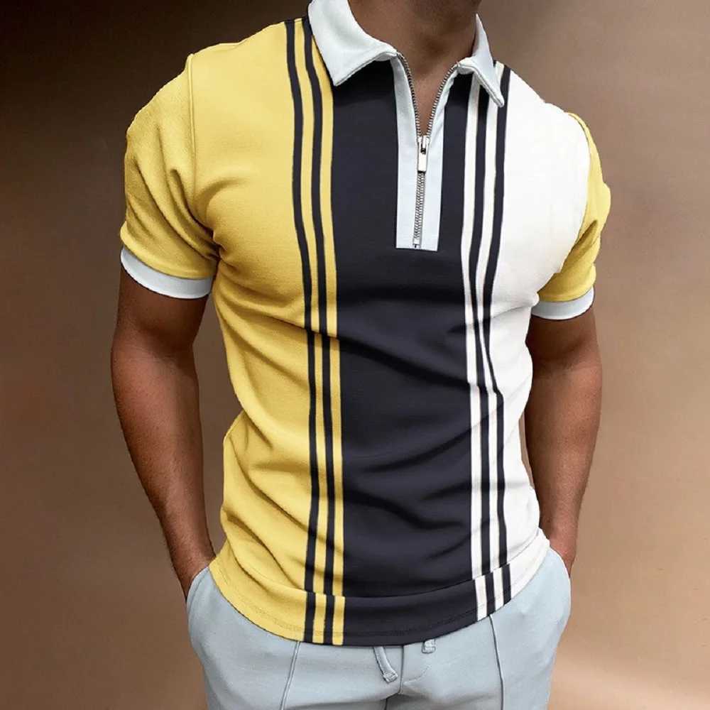 Mens Casual Striped Zipper Polo Shirt Personalized Printed Lapel Pullover Versatile Mens Tops Fashionable Mens ClothingXJ250725