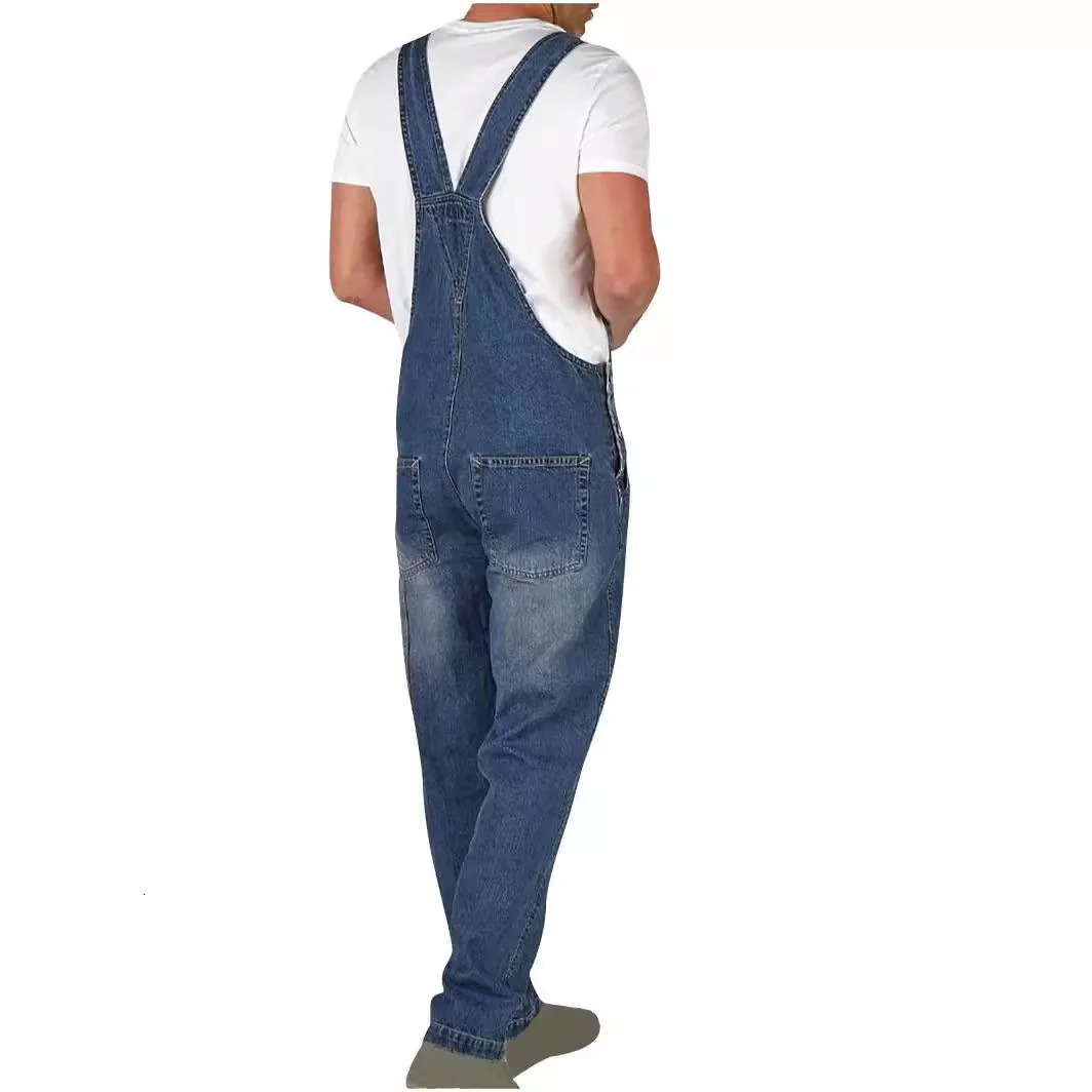 Overalls Jeans Men Ankle Length Jumpsuits Straight Pants Spliced Pockets Loose Vintage Wash Denim Casual Solid 250725