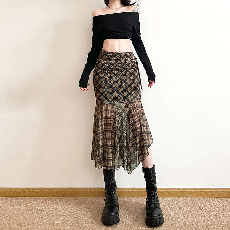 2024 Spring New Women's Solid Color Slim Fit Street Fashion High Waist Pencil Plaid Skirt 10f