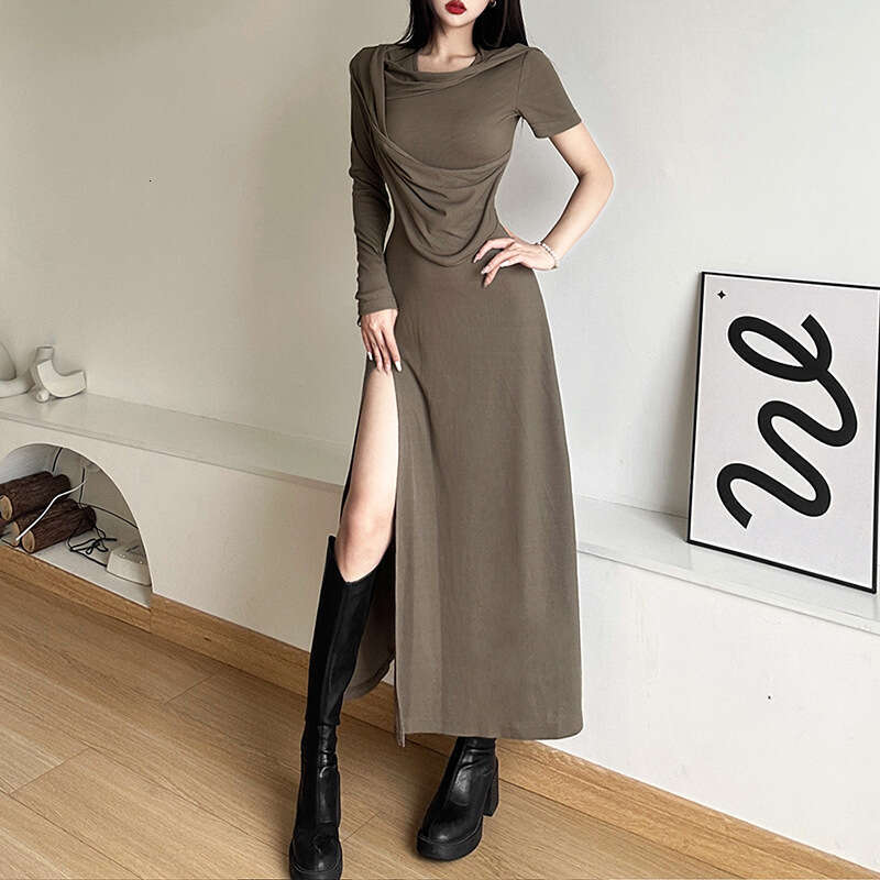 2023 Autumn New Women's Solid Color Slim High Waist Fashion Hooded Long Sleeve Split Dress a4e