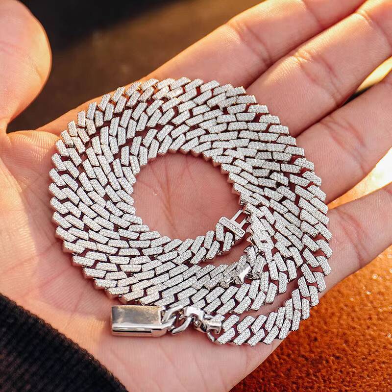 Miami Cuban Link Chain VVS D Color 10mm Silver Gold Plated Hip Hop Moissanite Cuban Chain for Men Women