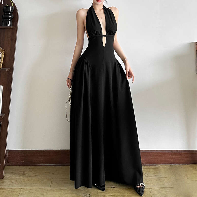 2025 Sexy Deep V Neck Halter Summer New Solid Color Sleeveless Waist Slimming Bodycon Dress for Women cb6