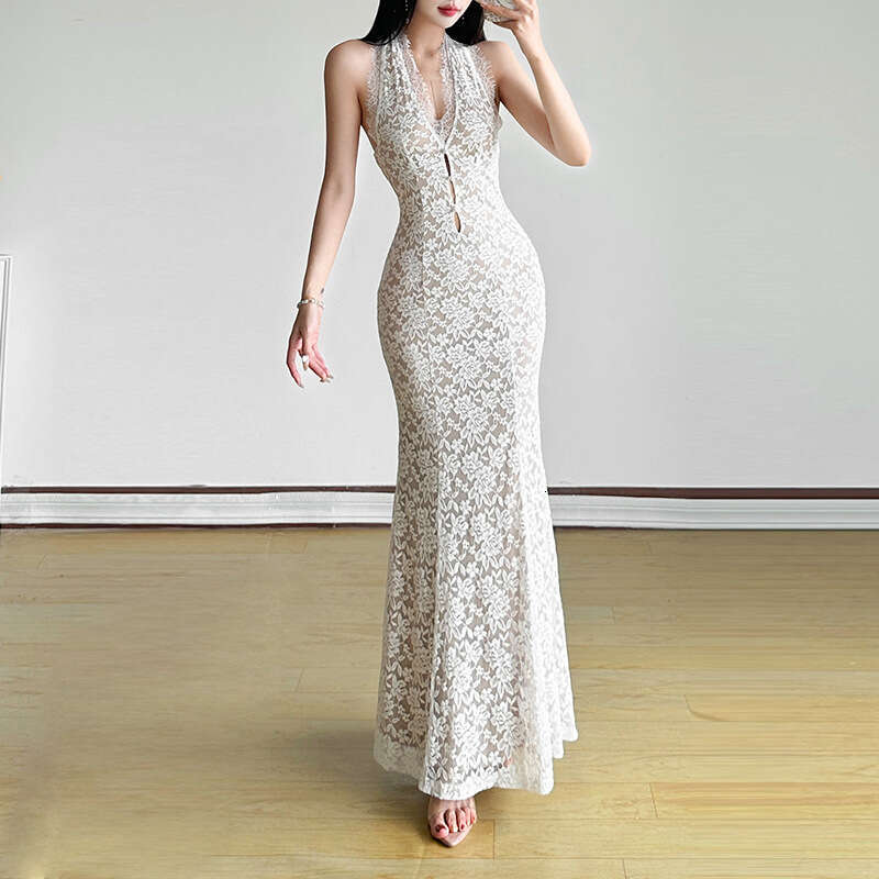 2025 Spring Summer New Solid Color Sexy Halter Neck Slim Waist Long Dress for Women a35