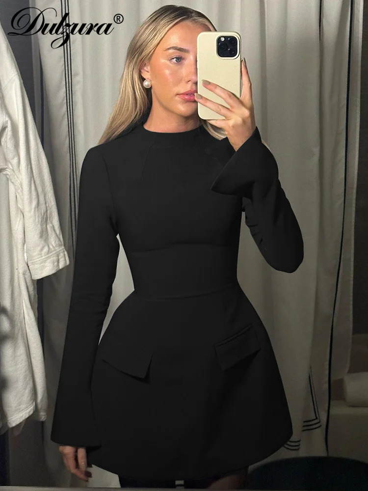 Dulzura Long Sleeves Zipper Bodycon Mini Dress With Pocket Solid Elegant Outfit Office Streetwear WomenS Autumn Winter Clothes 250717