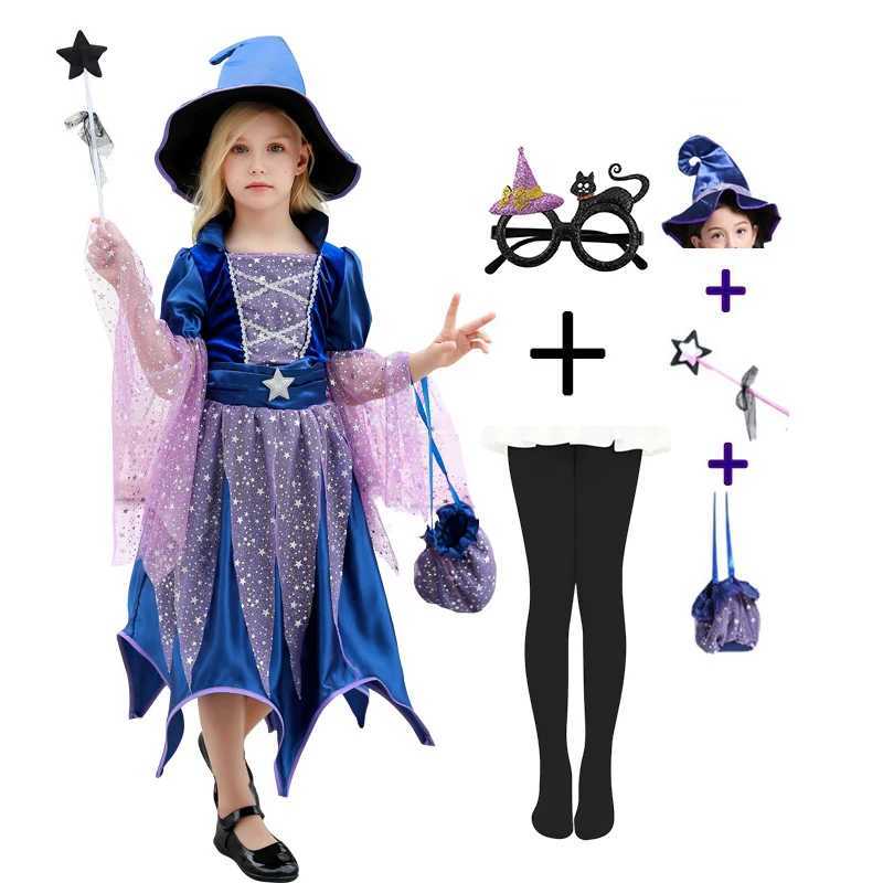Kids Witch Clothing Set Dress+Hat+Wand+Bag Girls Halloween Wizard Costume 2025 Kid Make Up Par Hag Witch Apparel Vestidos Z250725