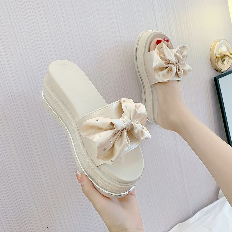 Ddmysports Women S With Bowknot Summer New Wedge Thick Sole Outdoor One Word Slippers Fashion Height Increasing Shoes Outdoor Shoes