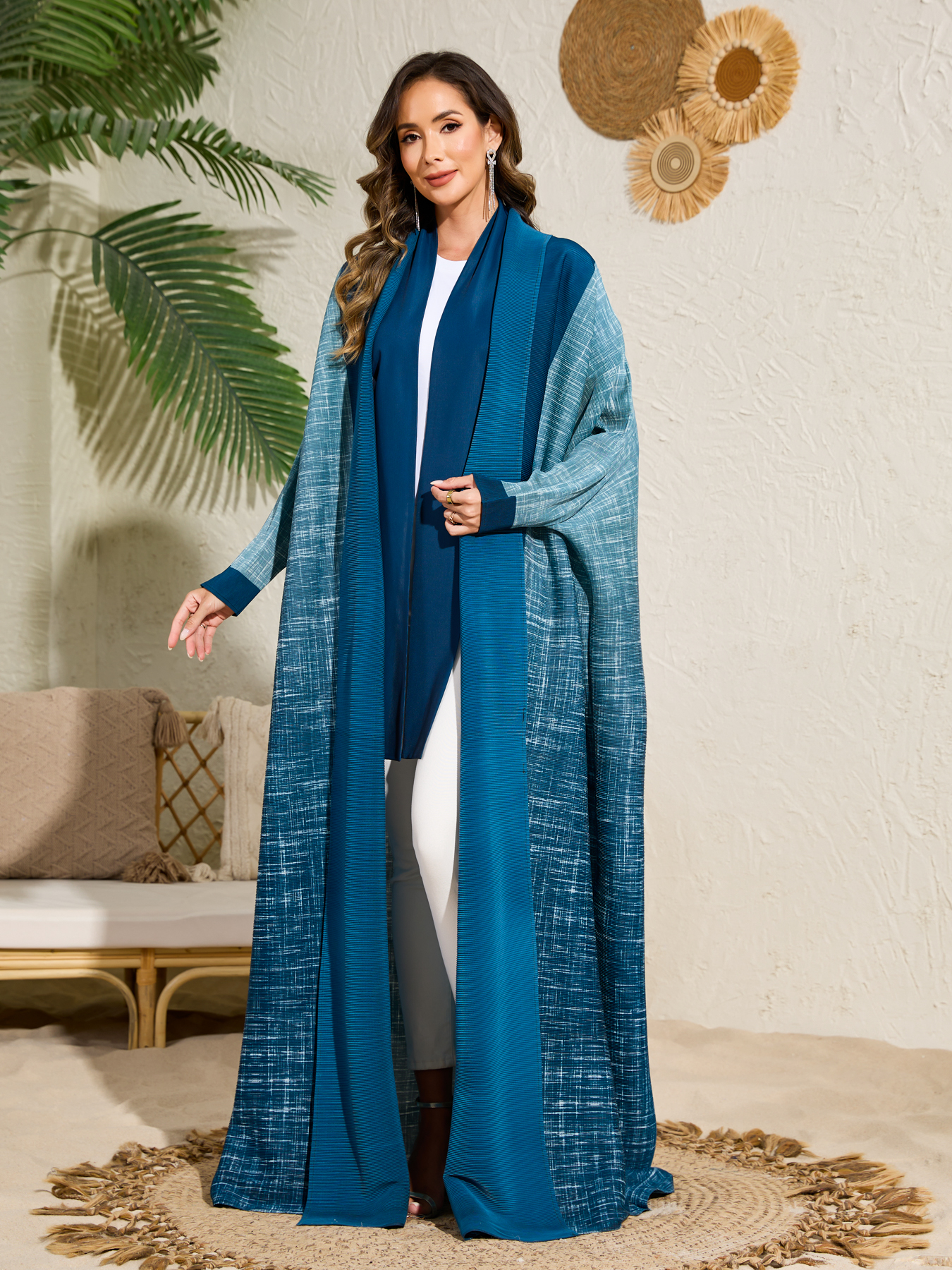 Long robe coat Ethnic Clothing The Middle Eastern printed pleated robe coat is elegant in Arab style NZ018