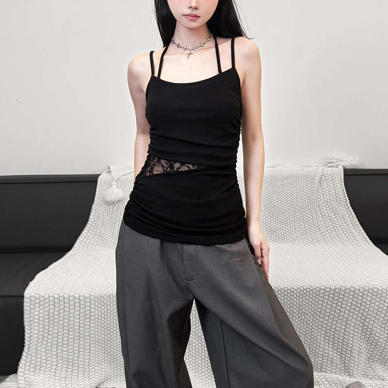 Women's Clothing 2025 Spring Summer New Solid Color Sexy Strap Slim Fit Ruched Mesh Camisole 0ff