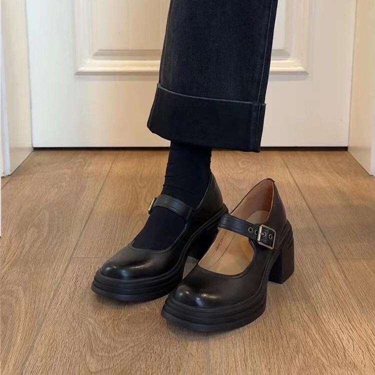 Platform Mary Jane for Women 2025 Spring New Round Toe Versatile College Style High Heel Leather Shoes ddmythur