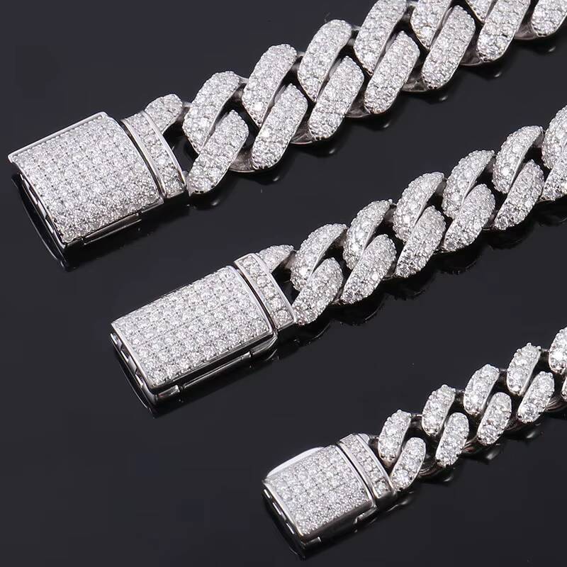 Hip Hop 6mm-15mm Moissanite Silver Miami Cuban Link Chain Iced Out Necklace Micro Pave Diamond Chain with Box Lock