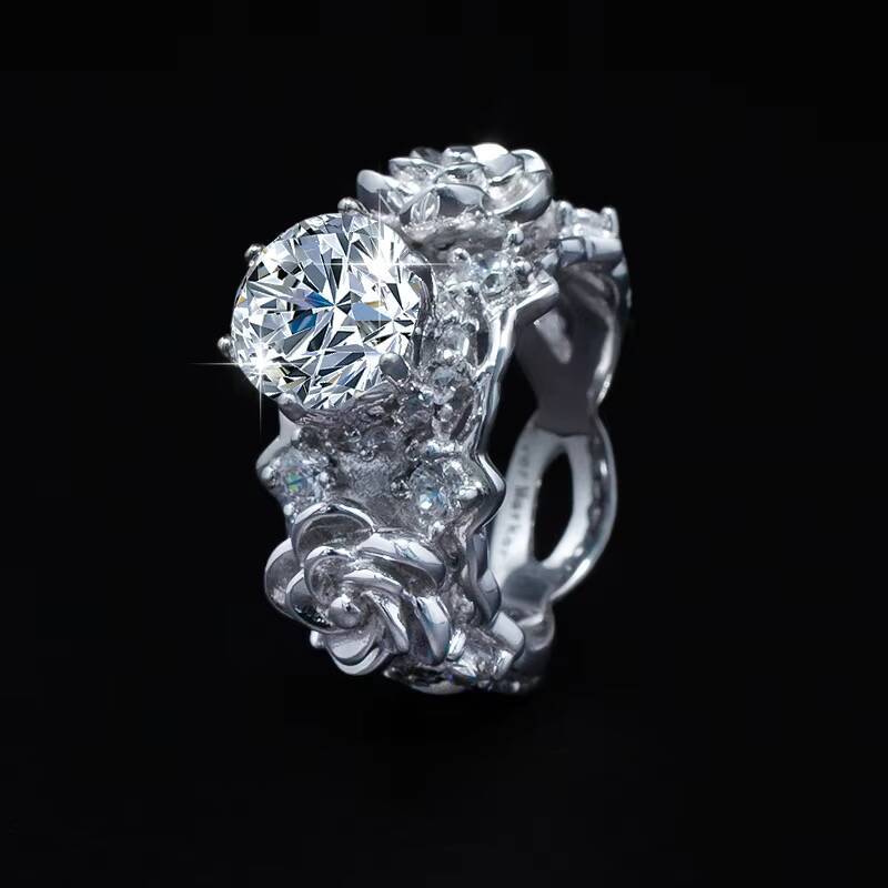 Exclusive Design Luxury Rose 3D Carving Inlaid 1CT Moissanite S925 Sterling Silver Engagement Wedding Proposal Womens Ring