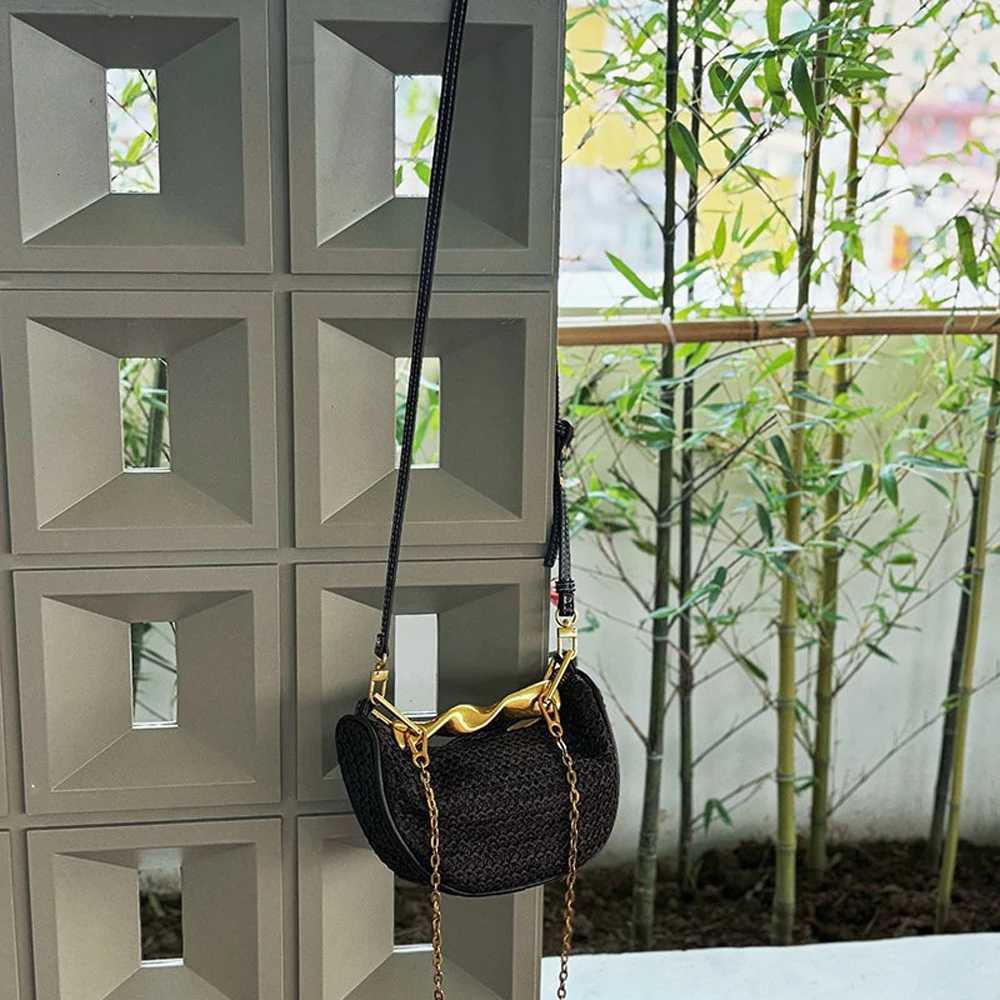Metal Handle for Women Half Moon Rattan Woven Chain Shoulder Bag Bohemian Travel Beach Bag Designer Crossbody Handbag Y250725