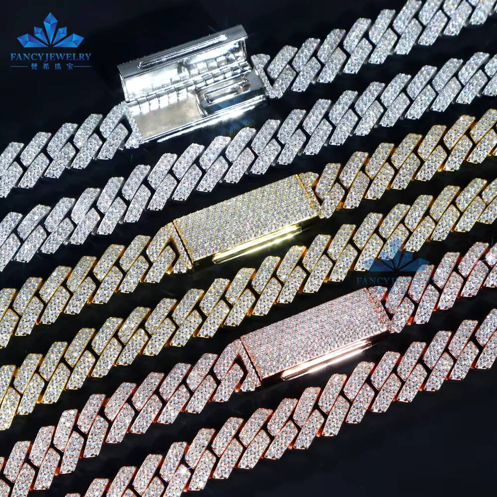 Hot Sale VVS Moissanite Necklace 8mm 10mm 12mm 925 Silver Gold Plated Trendy Iced Hip Hop Style Cuban Link Chain Trendy Iced Hip