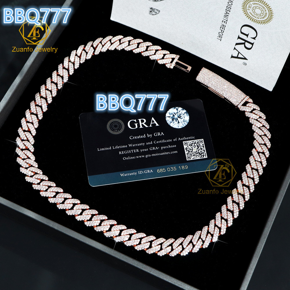 VVS Diamond Moissanite Necklace with Cuban Link Chain 2 Rows Sizes 8mm 10mm 12mm 15mm S925 Silver Bent Buckle Hiphop Jewelry