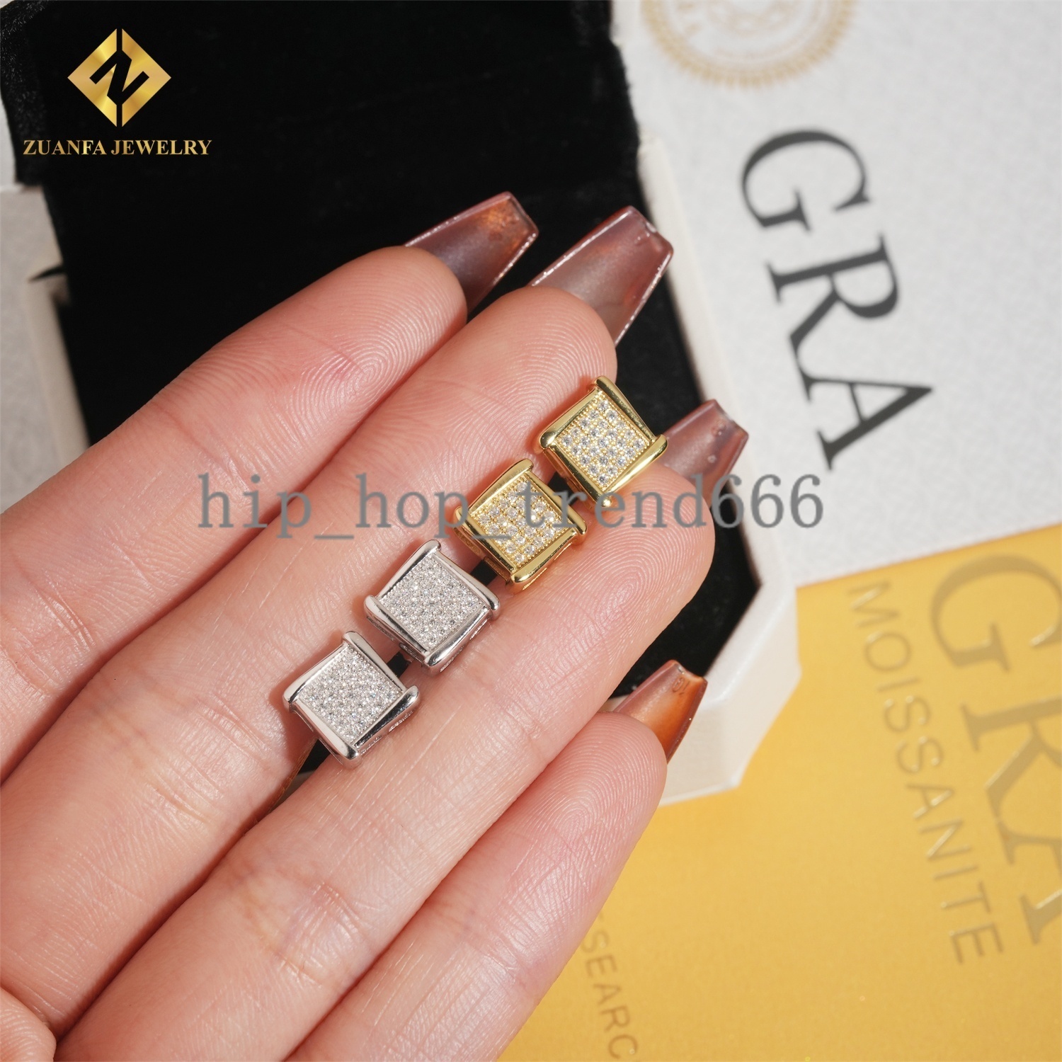 Pass Diamond Tester Iced Out VVS Moissanite Earrings Square Shape 925 Silver Stud Earrings Fashion Hip Hop Jewelry Unisex