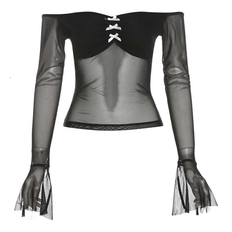 2024 Summer New Women's Solid Color Slim Fit Fashion Off-Shoulder Long Sleeve Mesh Backless Top 005