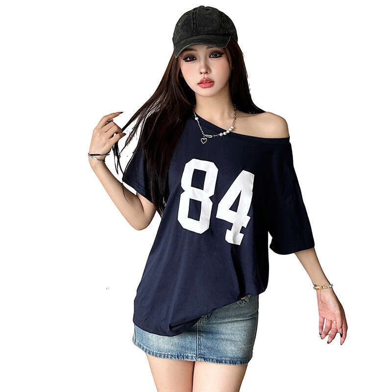 2024 Summer New Women's Street Fashion Letter Print Asymmetrical Neck Loose T-Shirt 16d