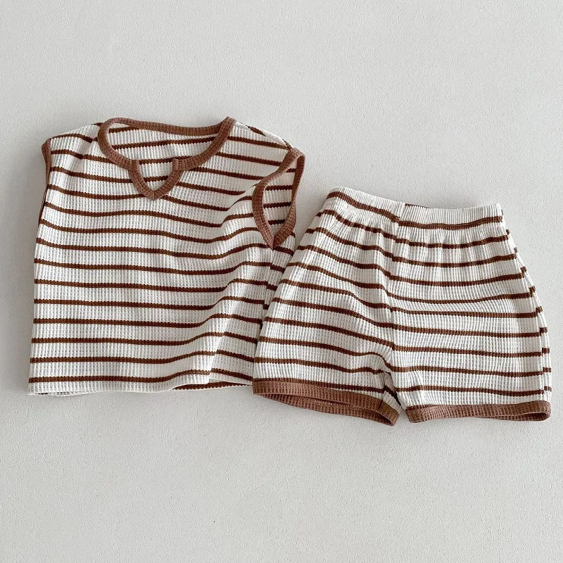 Summer Baby Clothes 05T Solid Color Boys Striped Sleeveless TShirt Shorts Set Breathable Girls Vest Short Sleeved Set 250725
