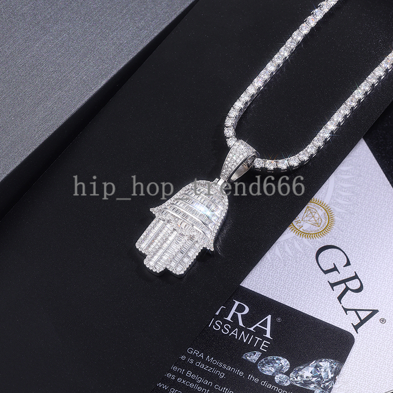 Factory Custom Iced Out Moissanite Hamsa Pendant Necklace S925 Silver with 18K Gold Plating Emerald Cut Hip Hop Jewelry Necklace
