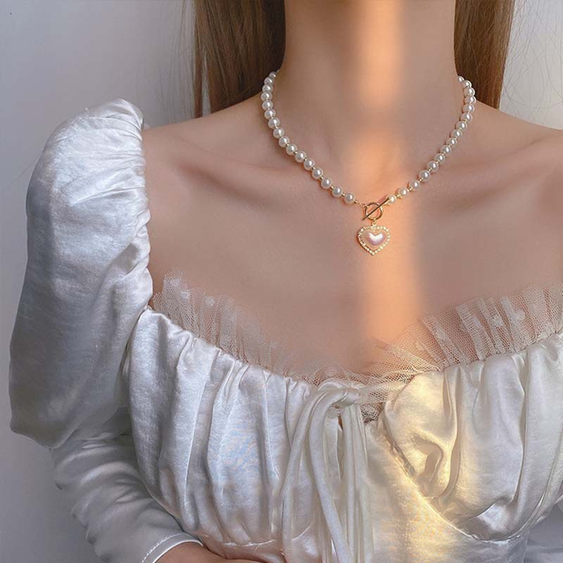Japanese and Korean INS New Super Fairy Temperament Imitation Pearl Heart Necklace Cool Style Sweet Simple OT Buckle Lock Bone Chain Jewelry for Women