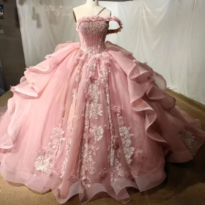 Pink Quinceanera Dresses Off Shoulder Ball Gown Sweet 16 Dress Applique Flower Beading Crystal Tull Birthday Party Vestidos 15 Anos