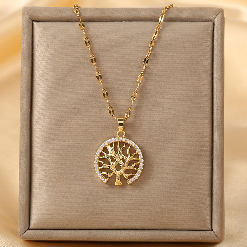 Trendy Round Hollow Tree of Life Pendant for Women Zircon Necklace Geometric Collarbone Chain Jewelry for Women