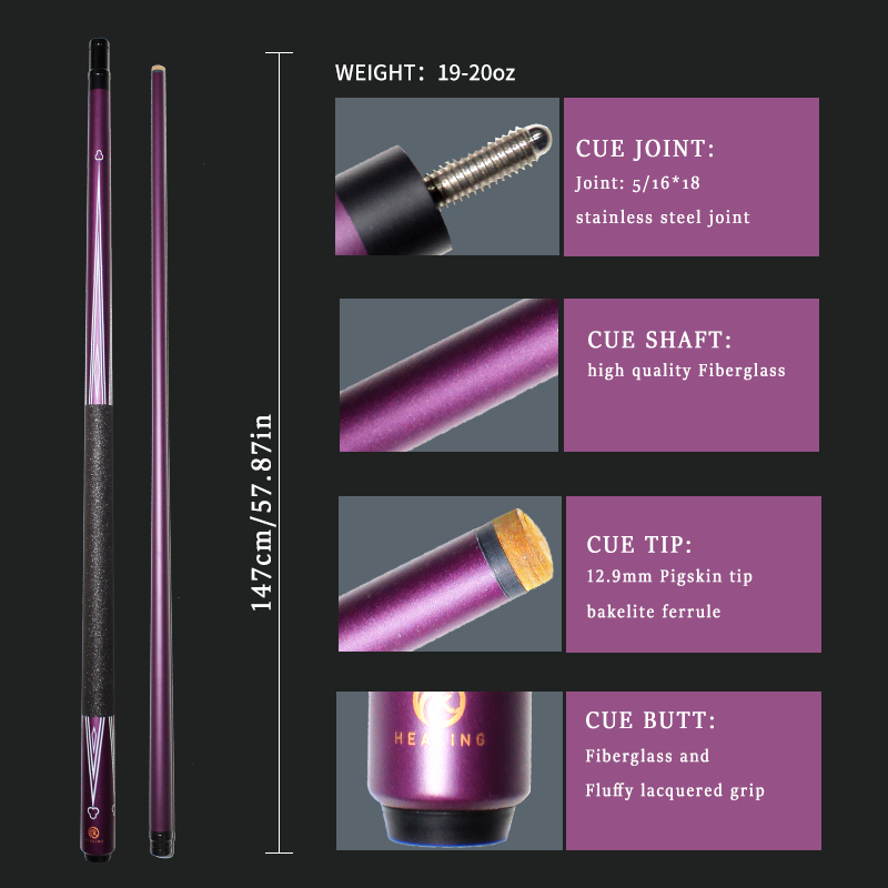 OKHEALING 1/2 Split Pool Cue Billiard Stick Purple Glass Fiber Billiard Cue 12.9mm Black Pigskin Tip 5/16*18 Joint 1474mm/58inch Total Length 19-20oz 