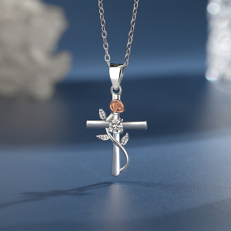 Sterling Sier Rose Flower Cross Necklace for Women Summer High-end Pendant Versatile Clavicle Chain Jewelry for Women