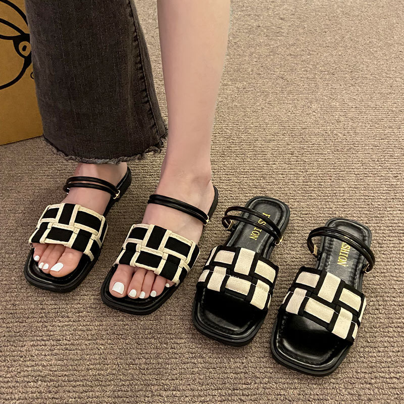 Ddmysports Square Toe Plaid Two Way For Women Outdoor Wear Summer New Korean Style Open Flat Simple Beach Sandals Outdoor Shoes
