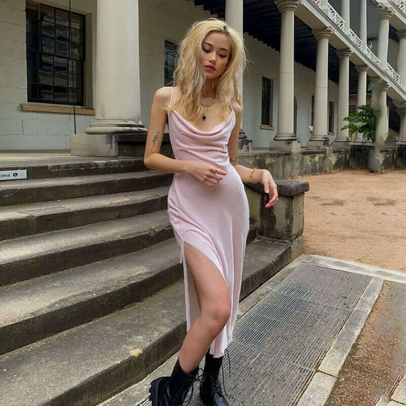 2020 Autumn Winter New Sexy Slim Low-Cut High-Waist Bodycon Slit Strap Dress for Women 852
