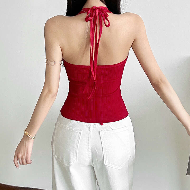 INS Style 2025 Spring New Women's Solid Color Slim Fit Fashion Halter Neck Backless Vest Two-Piece Set 9c7