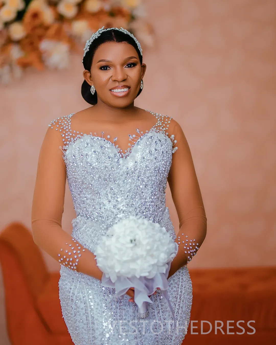 2025 Plus Size Wedding Dresses Bridal Gowns Mermaid Illusion Sheer Neck Long Sleeves Beaded Lace Tiered Tulle Nigeria Wedding Gowns for African Black 
