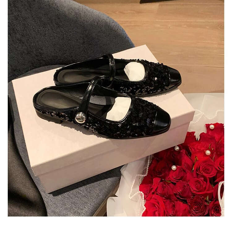 Designer Shiny Sequin Sandals for Women, Chunky Heel Single 2024 Spring Fashion Shoes, Huizhou Women's Mules