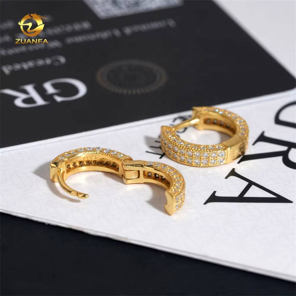Hot Sale High Quality 18k Gold Plated Two Row Diamond Iced Out Hip Hop Silver Moissanite Hoop Earrings