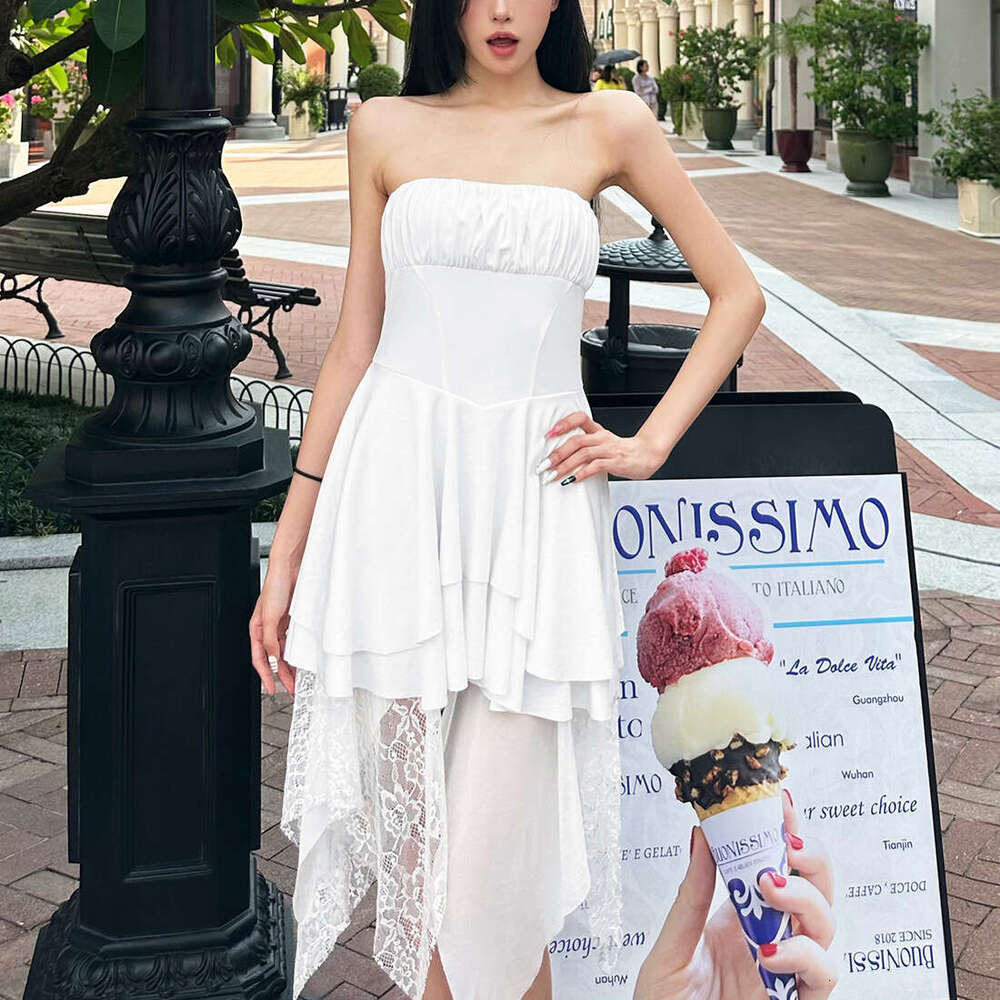 2025 Summer New Vacation Style Design Slim Fit Solid Color Irregular Strapless Dress c6c