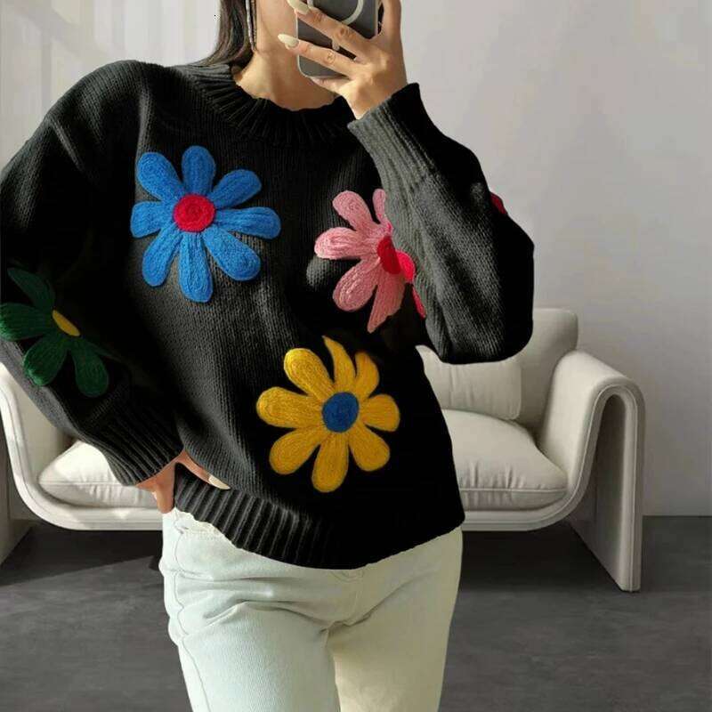 Long Sleeved Outwear Warm Loose Jumper Streetwear Women's Knit Casual Sweaters Flowers Decorative Top Pullovers Knitwear