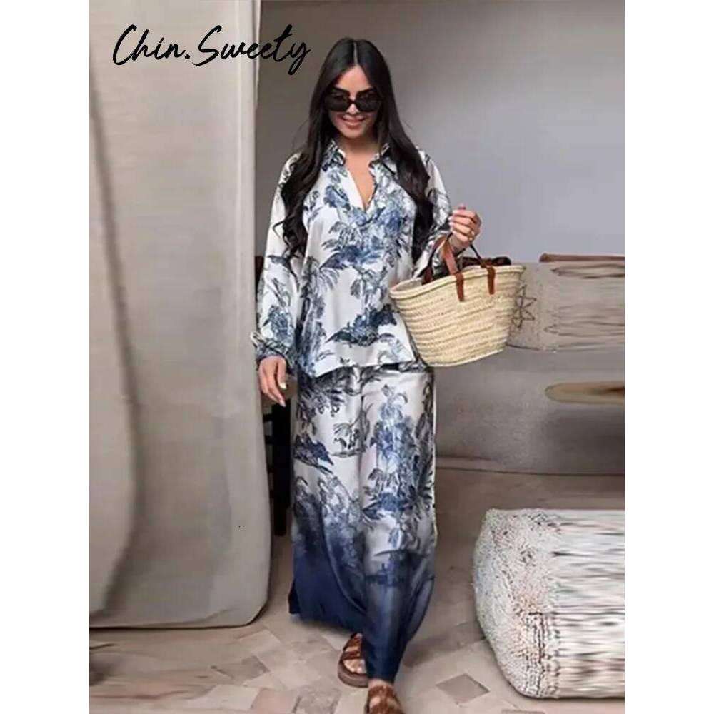 Designer Leisure High Quality Vintage Tie Dye Print Shirt Pants Women Set Long Lantern Sleeve Button Shirts Empire Pleated Pant 2025 Spring Summer Lad