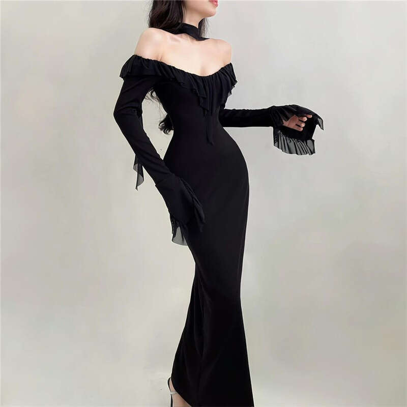 Women's Clothing 2023 Autumn Winter New Sexy Long Sleeve Off-Shoulder High Waist Bodycon Dress cfb