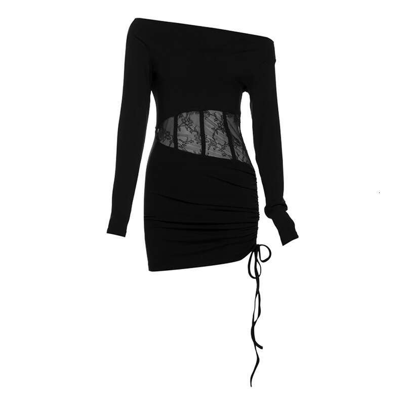 2024 Autumn Winter New Women's Solid Color Slim High Waist Fashion Asymmetrical Neck Long Sleeve Ruched Dress 0db
