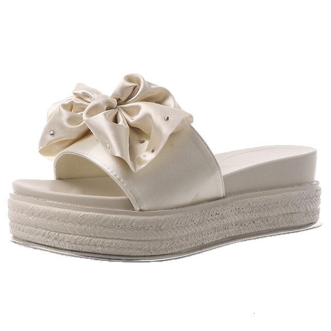 Ddmysports Women S With Bowknot Summer New Wedge Thick Sole Outdoor One Word Slippers Fashion Height Increasing Shoes Outdoor Shoes