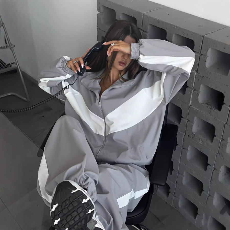 Womens Casual Set Fashion Loose Color Block Long Sleeve Zipper Cardigan Contrast Top Long Pants Sports Set