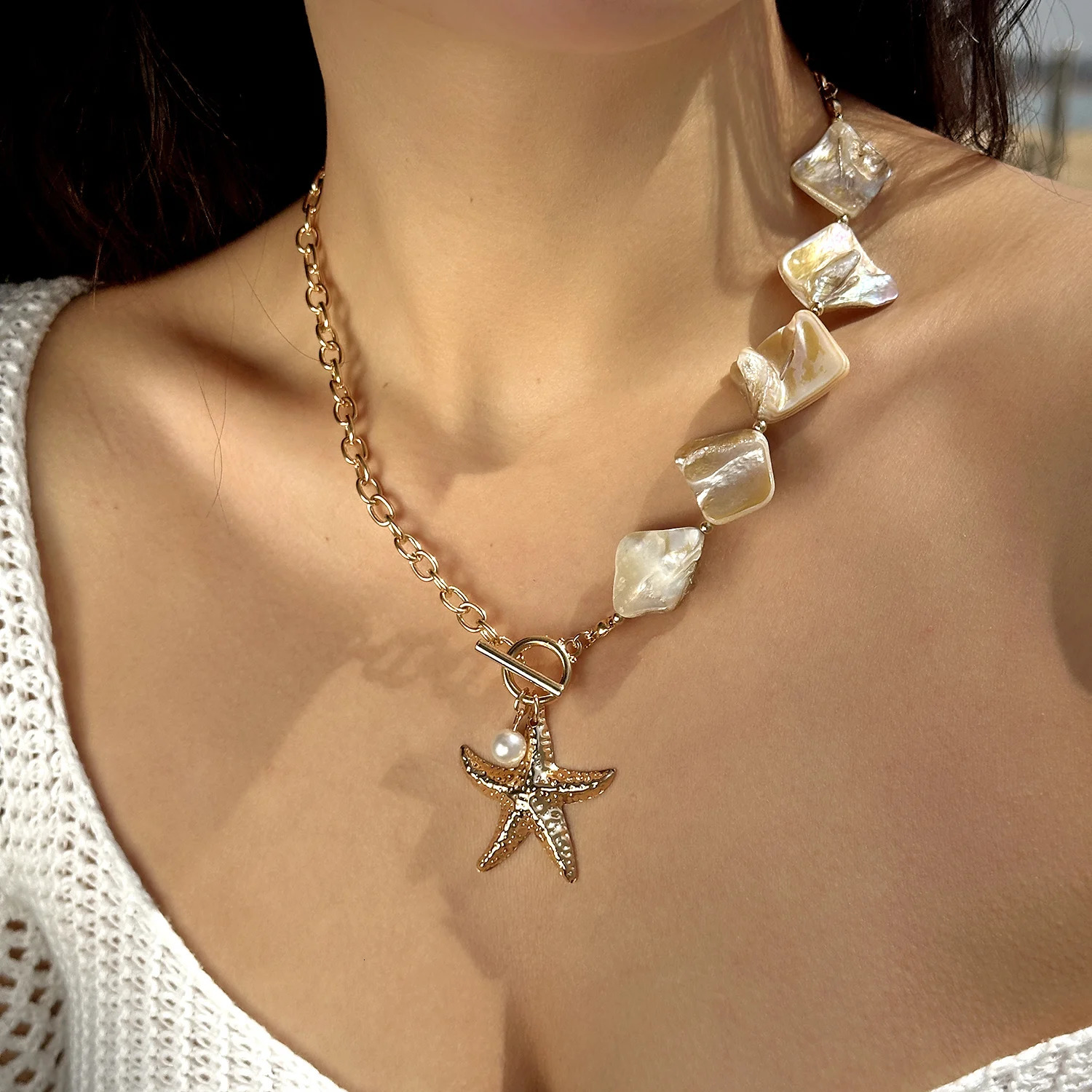 Bohemia Irregular Shell Beaded Chain Necklace for Women Summer Beach Vacation Starfish Conch Pendant Choker Y2K Jewelry 250716