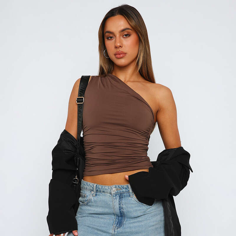 Ytp184 Women's Winter New Solid Color One-Shoulder Backless Ruched Tank Top T-Shirt B5